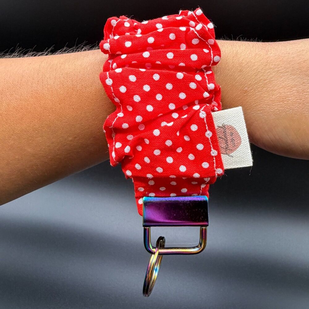 Handmade OneSize Scrunchie Key Fob Wristlet Womens Red Polka Dot Cotton Key ring